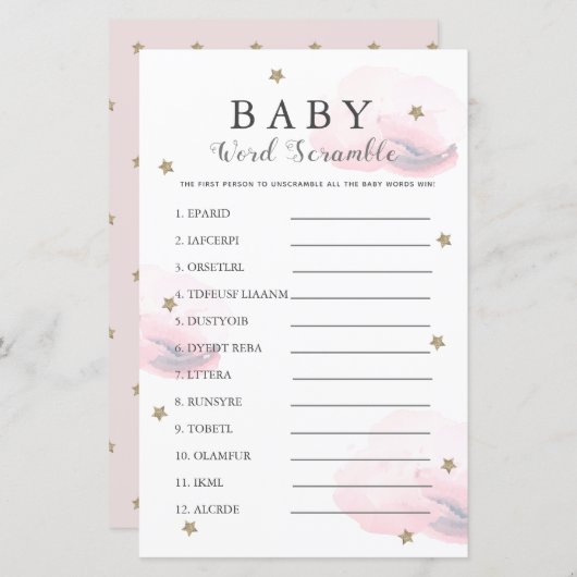 星と雲の単語スクランブルベビーシャワーピンクゲーム (正面/裏面)