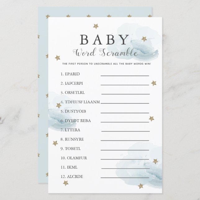 星と雲の単語スクランブルベビーシャワーブルーゲーム (正面/裏面)