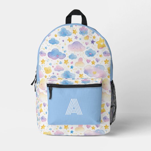 星と青の雲の水色の子供 プリントバックパック (正面)