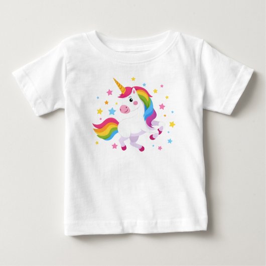 星と飛ぶ虹色のユニコーン ベビーTシャツ (正面)