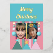 星と飾りの楽しいクリスマス写真 ピンク 箔シーズンカード (正面)