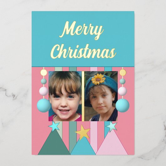 星と飾りの楽しいクリスマス写真 ピンク 箔シーズンカード (正面)