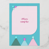 星と飾りの楽しいクリスマス写真 ピンク 箔シーズンカード (裏面)