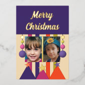 星と飾りの楽しいクリスマス写真 紫 箔シーズンカード (正面)