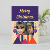 星と飾りの楽しいクリスマス写真 紫 箔シーズンカード (立ち正面)