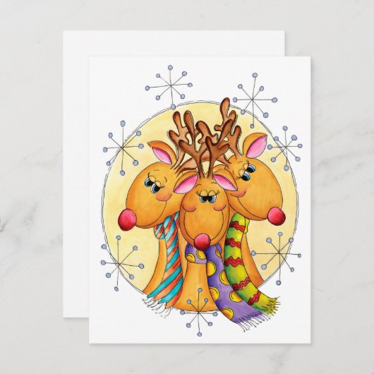 星にスカーフを巻いたかわいいクリスマスのトナカイ シーズンカード (正面/裏面)