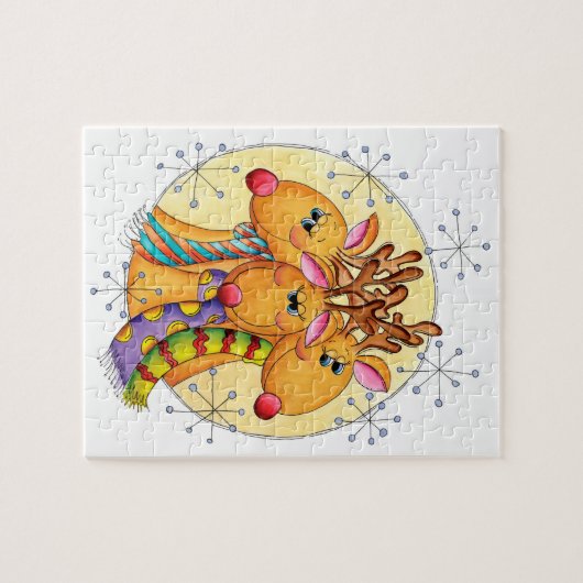 星にスカーフを巻いたかわいいクリスマスのトナカイ ジグソーパズル (横)