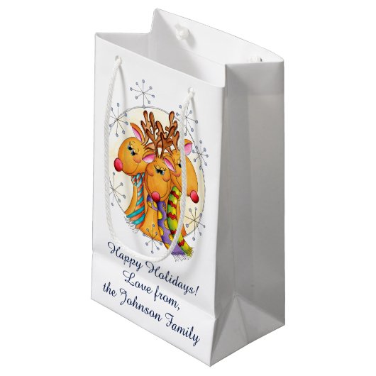 星にスカーフを巻いたかわいいクリスマスのトナカイ スモールペーパーバッグ (正面アングル)