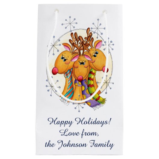 星にスカーフを巻いたかわいいクリスマスのトナカイ スモールペーパーバッグ (正面)