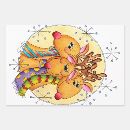 星にスカーフを巻いたかわいいクリスマスのトナカイ ラッピングペーパーシート (正面2)