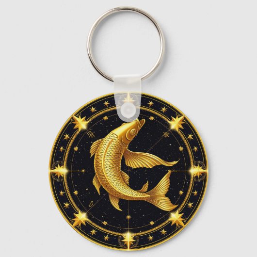 星に囲まれた金色の魚座の星座記号 キーホルダー (正面)