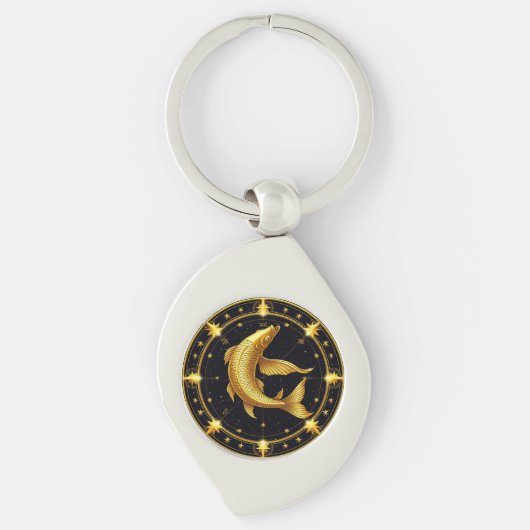 星に囲まれた金色の魚座の星座記号 キーホルダー (正面)