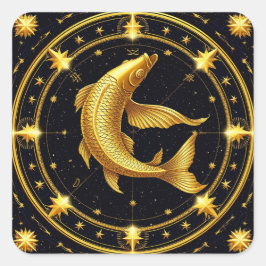 星に囲まれた金色の魚座の星座記号 スクエアシール