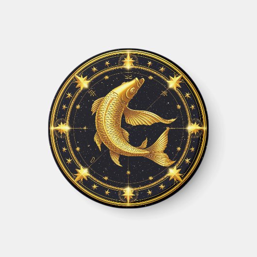 星に囲まれた金色の魚座の星座記号 マグネット (正面)
