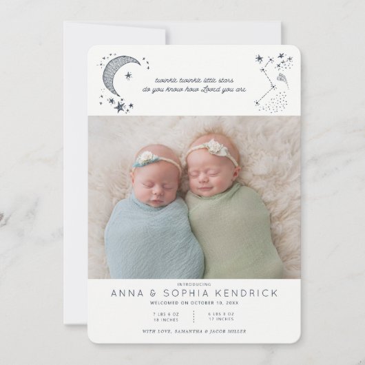 星に書かれた双子の誕生のお知らせ 招待状 (正面)
