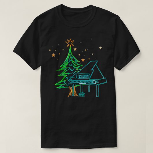 星のあるピアノとクリスマスツリー Tシャツ (デザイン正面)