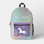 星のある白いユニコーン プリントバックパック (正面)