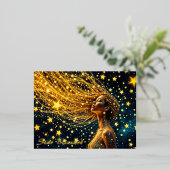 星のように金色の白熱［赤熱］光を放つ髪をした宇宙人 箔シーズンポストカード (立ち正面)