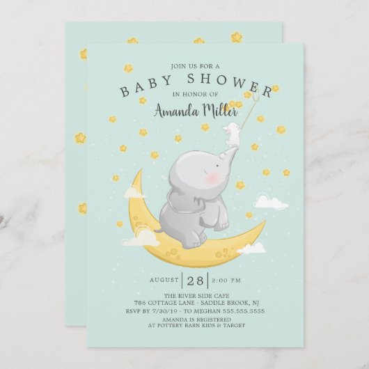 星のバニー象の赤ちゃんシャワーを浴びる 招待状 (正面/裏面)