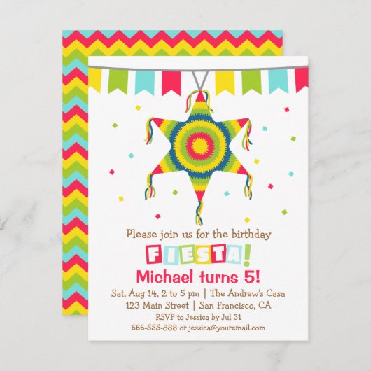 星のピニャータのメキシコフェスタの子供の誕生日のパーティー 招待状 (正面/裏面)