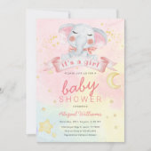 星のベビーシャワーを持つ水彩象少女 招待状 (正面)