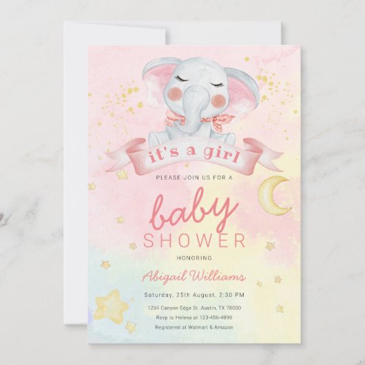 星のベビーシャワーを持つ水彩象少女 招待状 (正面)