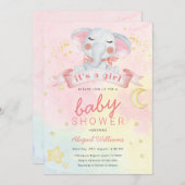星のベビーシャワーを持つ水彩象少女 招待状 (正面/裏面)