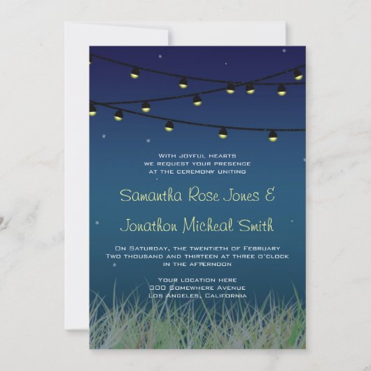 星の下での結婚式の夜に吊るすライト 招待状 (正面)