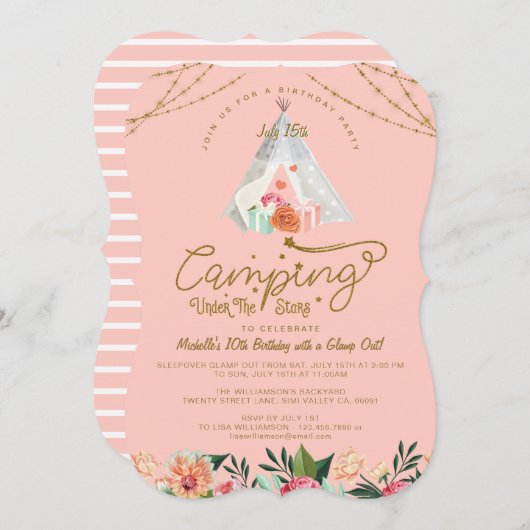 星の下でキャンピングテント ピンク＆ゴールド キャンピング 招待状 (正面/裏面)