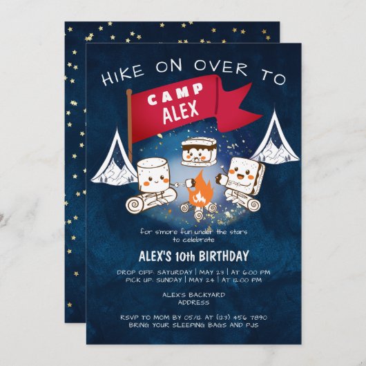 星の下でスモアをもっと楽しく!お泊りキャンプバースデー 招待状 (正面/裏面)