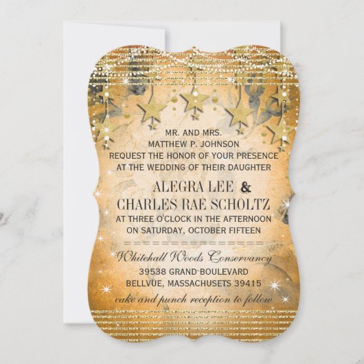 星の下でローズゴールドのウェディングブラックボード 招待状 (正面)