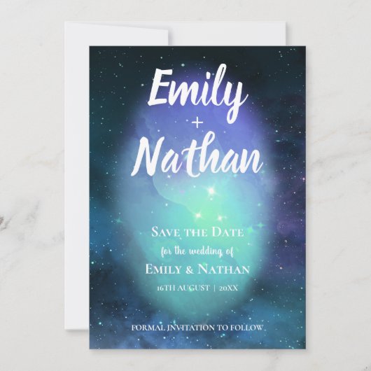 星の下で美しいタイポグラフィ結婚 セーブザデート (正面)