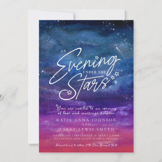 星の下で青い紫の夕べ結婚の写真 招待状 (正面)