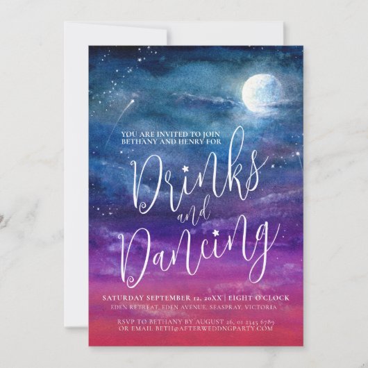 星の下で飲み物と踊りの結婚披露宴 招待状 (正面)