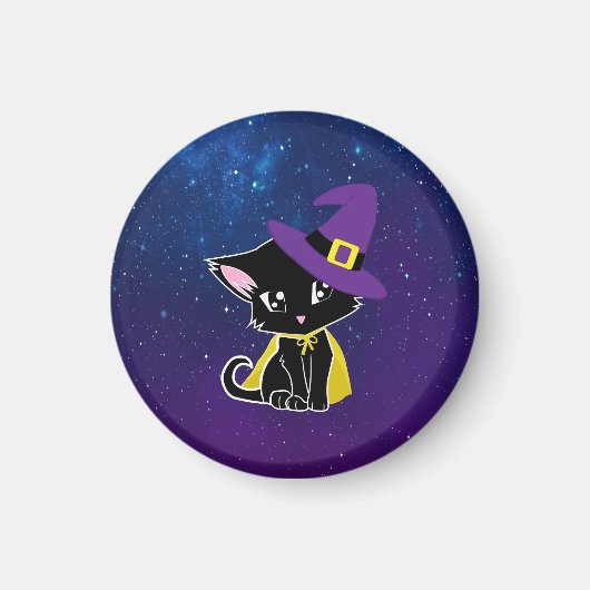 星の下のキュートな黒猫の魔法使いキーホルダー マグネット (正面)