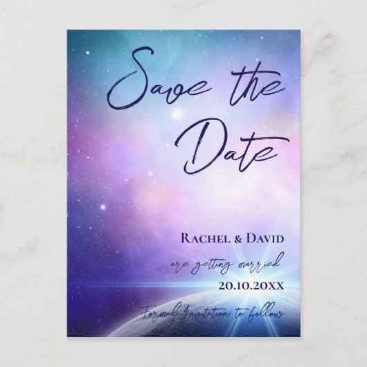 星の下のピンクの紫の結婚式の日付を保存 ポストカード (正面)