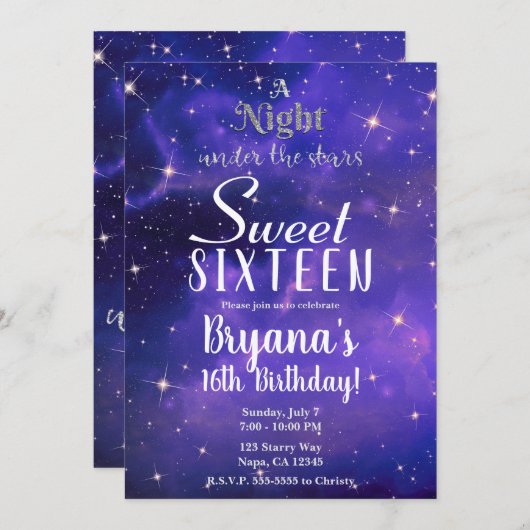 星の下の夜パープルスカイ甘い16 Invita 招待状 (正面/裏面)