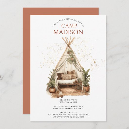 星の下の女の子の輝く誕生日パーティー 招待状 (正面/裏面)