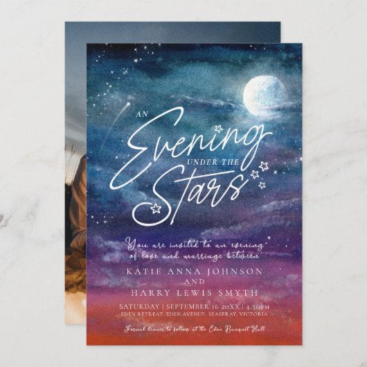 星の下の月の夕べ結婚の写真 招待状 (正面/裏面)