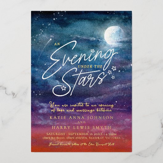 星の下の月の夕べ結婚の写真 箔招待状 (正面)