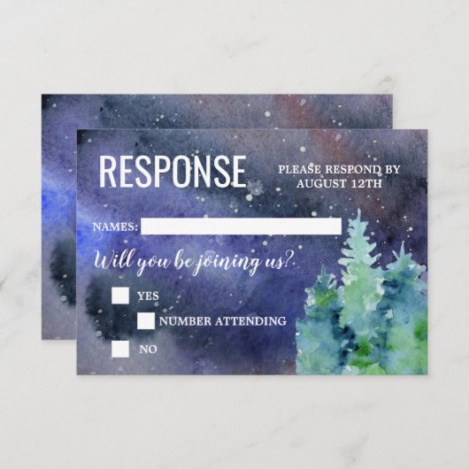 星の下の水彩の夜結婚の 出欠カード (正面/裏面)