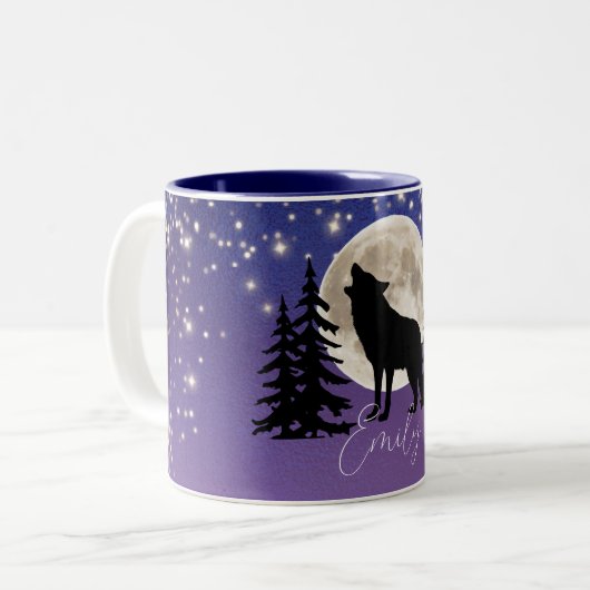 星の下の狼と月のシルエット ツートーンマグカップ (正面左)