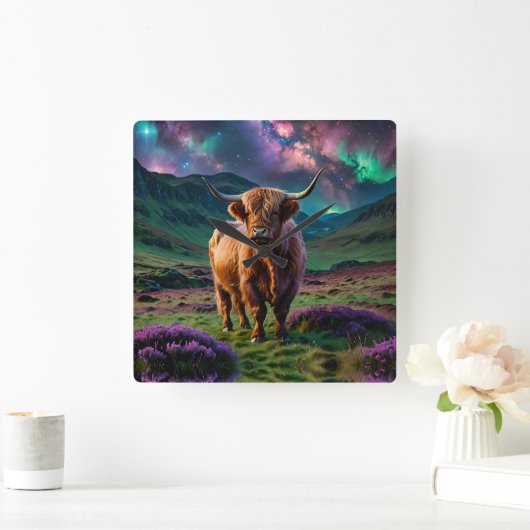 星の下の高地の牛 スクエア壁時計 (ホーム)