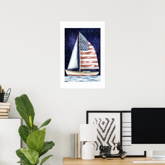 星の下を航海するアメリカの水彩国旗 ポスター (ホームオフィス)