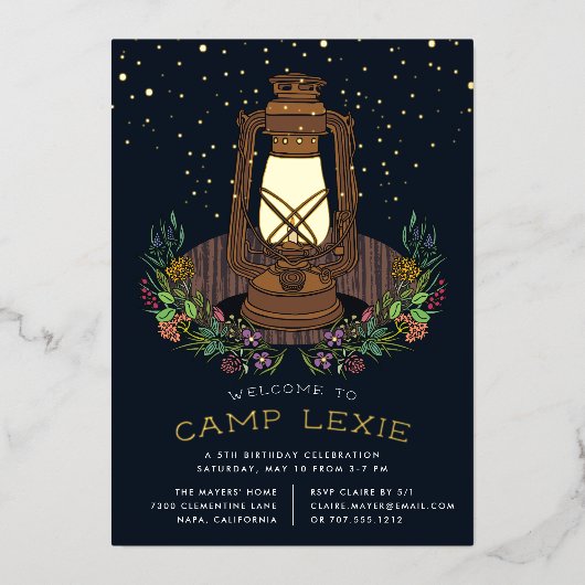 星の下 | キャンピングバースデーパーティー 箔招待状 (正面)