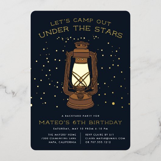 星の下 | キャンピングバースデーパーティー 箔招待状 (正面)