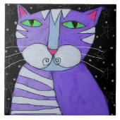 星の光の夜の抽象芸術絵画の猫 タイル (正面)