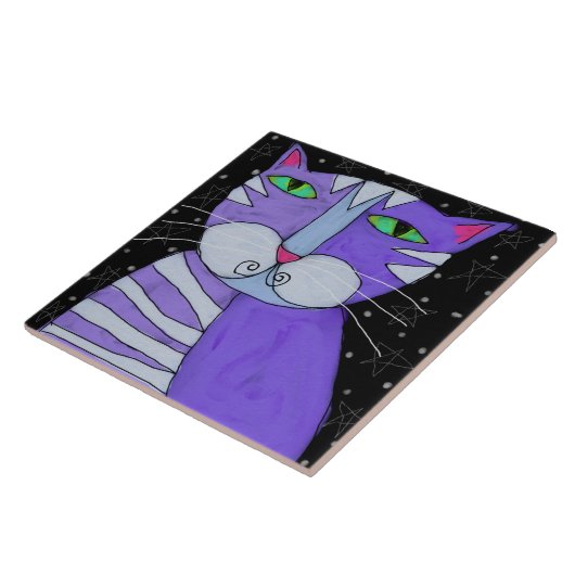 星の光の夜の抽象芸術絵画の猫 タイル (側面)