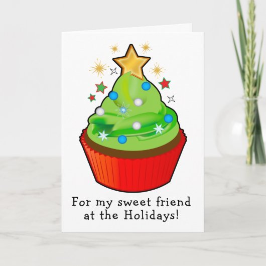 星の友人がトッピングされたクリスマスツリーのカップケーキ カード (正面)