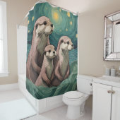 星の夜のオッターファミリー海 シャワーカーテン (インサイチュ)